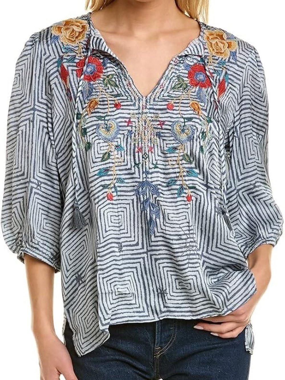 Johnny Was Blue Print Peasant Blouse with Floral Embroidery